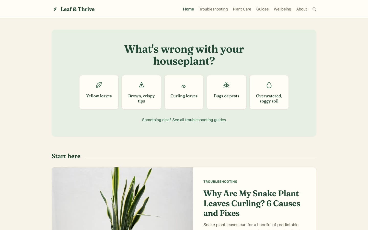 leafnthrive.ing homepage: a houseplant care and troubleshooting publication with 150+ practical guides