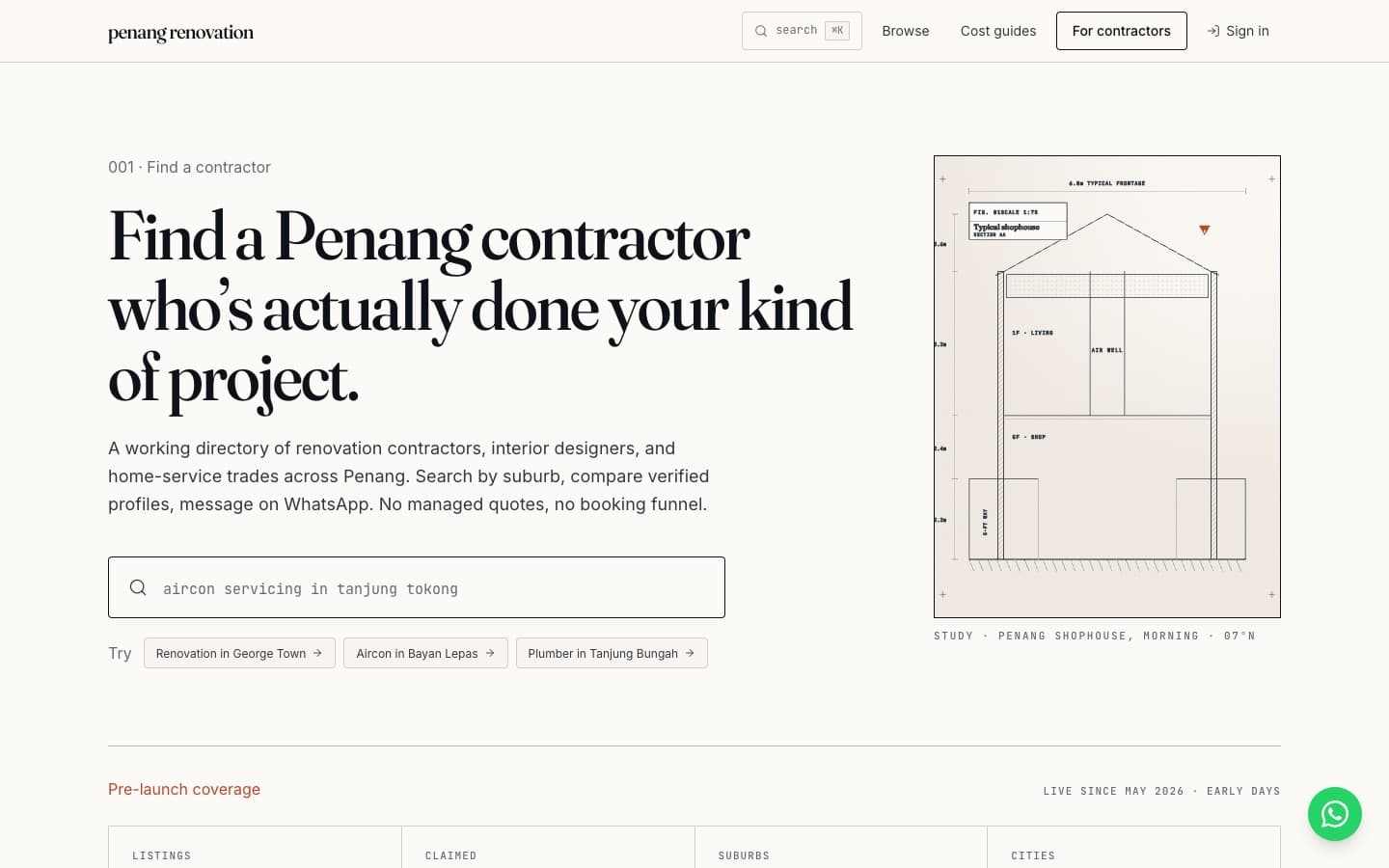 Penang Renovations homepage: directory of trade × city × suburb pages with verified contractor listings