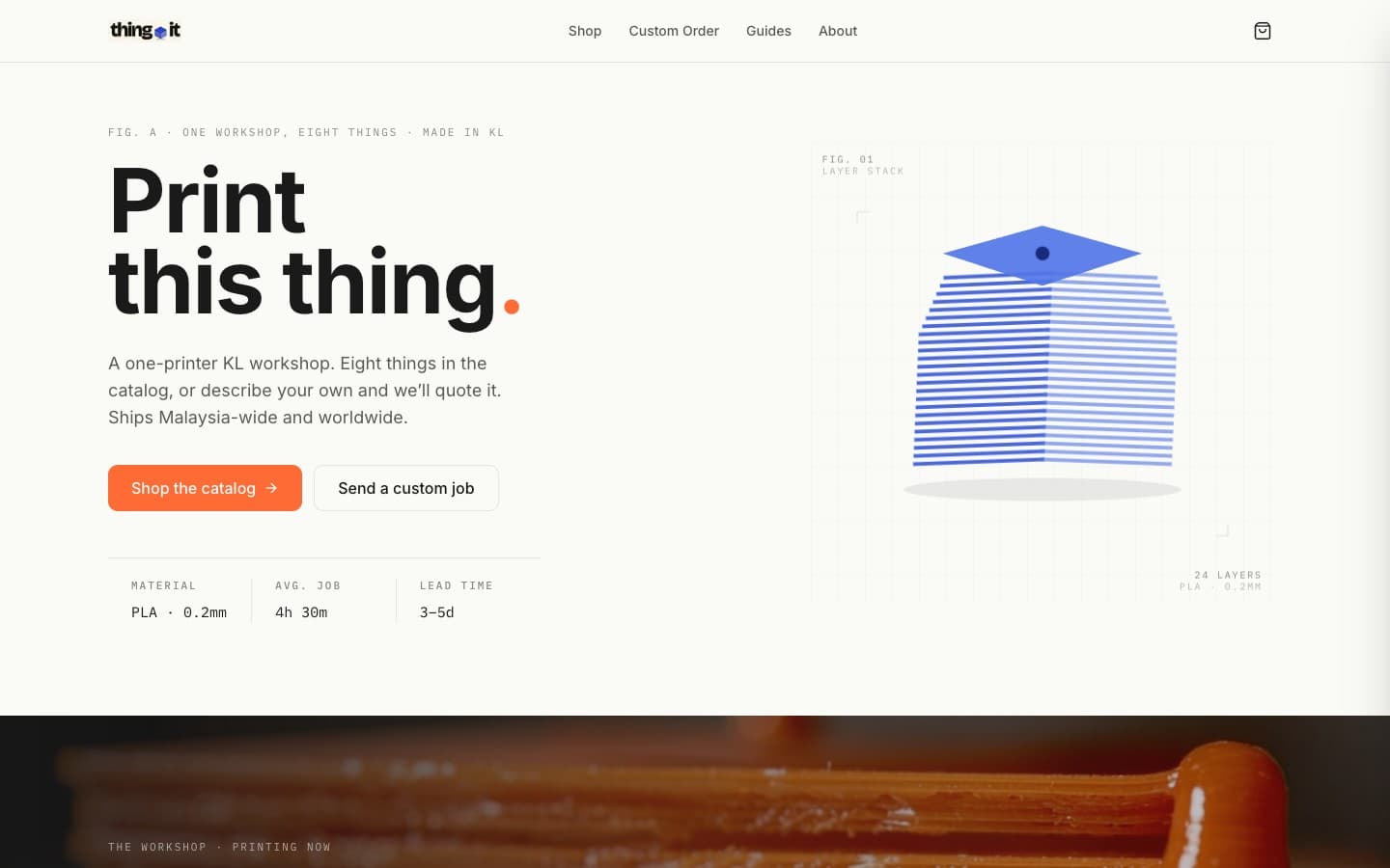 thingit.store homepage: single-printer 3D-print workshop in KL with an 8-product catalog and a custom-quote flow